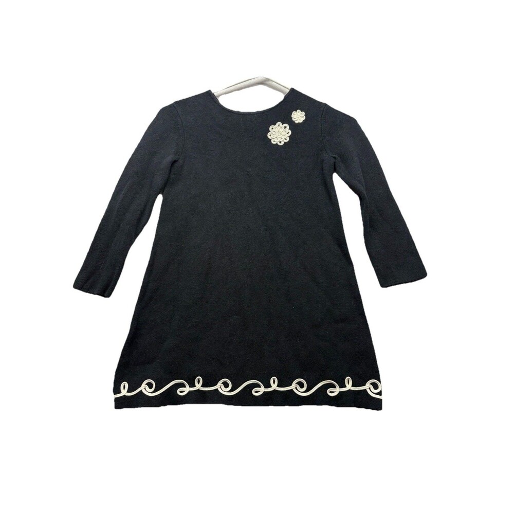 Hanna Andersson Girls Shift Dress Black L/S Floral Emblish Heavy Knit Sz 120 / 6